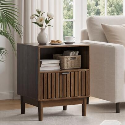 Modern, Walnut-Colored Nightstand In A Medieval Style With A Slatted Base And One Drawer. Suitable For Bedrooms, Hallways, Living Rooms, And Children's Rooms. Dimensions: 45 X 39 X 56.5 Cm, 1 Piece.