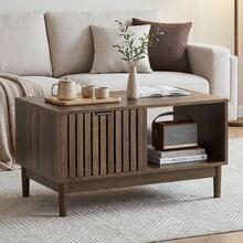Mid-Century Modern Style 80cm Coffee Table, Living Room Center Table With Grid Structure, One Drawer, Open Shelves And Solid Wood Legs, Oak Color. - Khaki - View 2