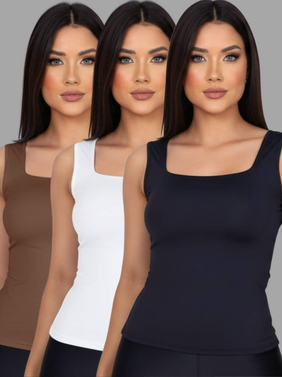 Set Of 3 Women's Tank Tops, Square Neck, Premium Supplex Fabric, Double Lining, Basic Blouse - 黑色 - 白色 - 棕色 - 查看 1