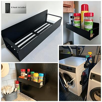 Prateleiras Magnéticas Organizadoras Sem Furos Fácil de Instalar, Conjunto 2 Peças em Metal Preto, Para Fixação em Geladeiras e Máquinas de Lavar, Ideal para Organizar Temperos de Cozinha e Itens de Lavanderia