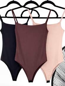 Kit 3 Women's Bodysuit Thin Strap Square Neckline Casual Suplex Double Lining Basic - 裸色/巧克力色/黑色 - 查看 1