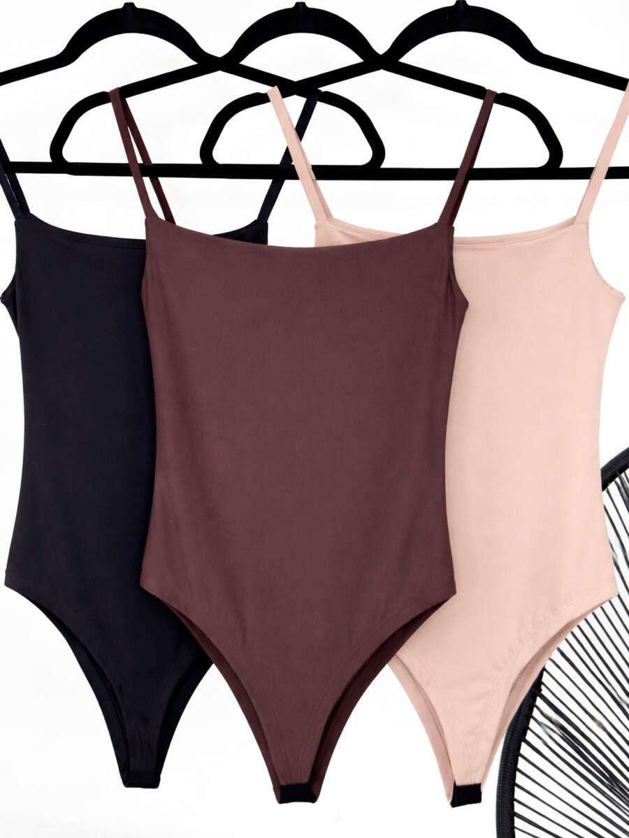 Kit 3 Women's Bodysuit Thin Strap Square Neckline Casual Suplex Double Lining Basic - 裸色/巧克力色/黑色 - 查看 1