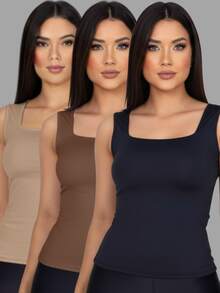 Set Of 3 Women's Tank Tops, Square Neck, Premium Supplex Fabric, Double Lining, Basic Blouse - 黑色 - 棕色 - 裸色 - 查看 1
