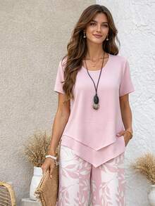 Women's Leaf Print 2 Piece Outfit, Lightweight Breathable Asymmetrical Hem Short Sleeve Top & Capri Pants, Casual Daily Vacation Summer Outfit Set - 粉色 - 查看 5