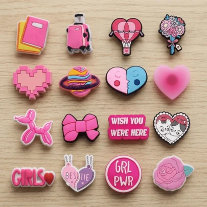 16pcs Cute Aesthetic Theme PVC Decorative Stickers Collection, With Glitter Details, Pink & Pastel Tones, Includes Heart, Flower, Text & Icon Elements, Suitable For Garden, Shoes Decoration