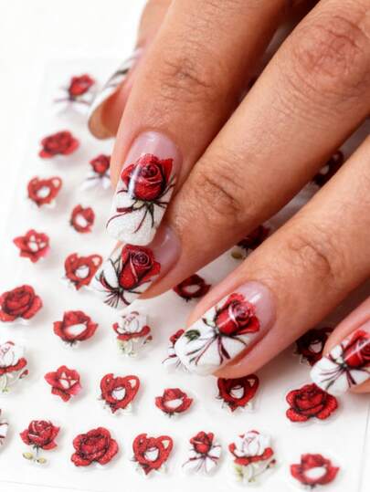 1 pieza Hermosos adhesivos de uñas con rosa roja, adhesivos de arte de uñas en relieve de un solo uso, adhesivo de uñas 3D, adecuado para vacaciones, fiestas, manicura diaria