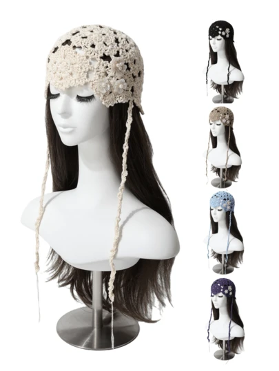 1pc Women's 3D Pearl Flower Beanie Hat, Lightweight Hollow Breathable Summer Knit Cap, Fashionable & Versatile