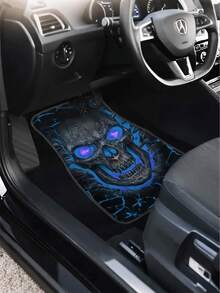 4 piezas Juego de alfombrillas de piso para auto con estampado de calavera - Material de poliéster antideslizante y absorbente, se ajusta a varios modelos de automóviles, accesorios de interior de automóvil de moda - A - Ver 3