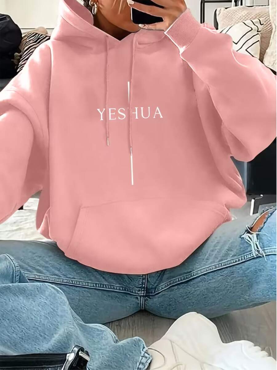 Women's Religious Sweatshirt With Yeshua Design, Hooded, Kangaroo Pocket, Casual, Warm Flannel Lined, Ideal For Winter, Long Sleeves - Màu Hồng baby - Xem 1