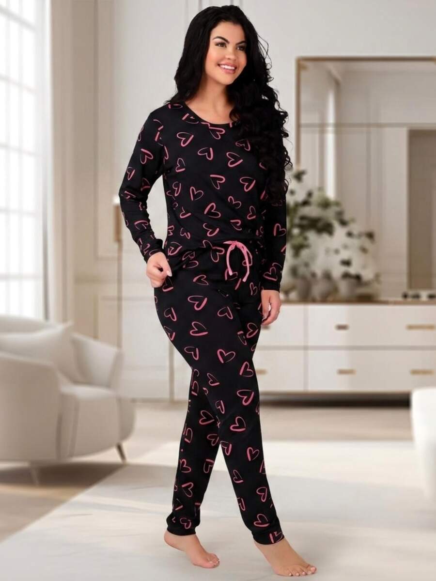 Women's Suede Heart Pajamas, Long-Sleeved Top And Pants, Winter Set REF:PJCO - màu đen - Xem 1