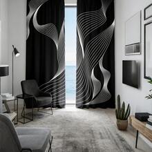 两片装黑白波浪渐变抽象图案2D平面印花窗帘，100%涤纶面料，杆袋式设计，两片窗帘，半透明（遮光率1%-40%），无衬里，90克/平方米，宽180厘米，适用于卧室、客厅、餐厅、浴室和户外场所。 - 彩色 - 查看 10