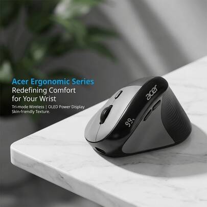 Acer OMR217 Ergonomic Vertical Mouse, Tri-Mode Wireless Bluetooth, Vertical Grip Wrist Support Mouse, Quiet Operation, Prevents Mouse Hand Fatigue During Prolonged Use