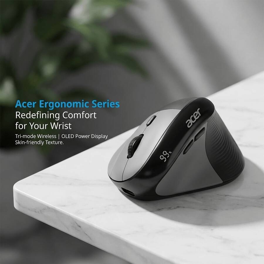 Acer Ratón vertical ergonómico OMR217, inalámbrico Bluetooth de tres modos, con soporte para la muñeca y agarre vertical, funcionamiento silencioso, previene la fatiga de la mano durante el uso prolongado. - Ver 1