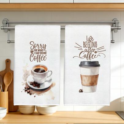 2 khăn lau bếp họa tiết cà phê và trà chiều giản dị, chất liệu polyester mềm mại, thích hợp trang trí nhà bếp, lau dọn, trang trí tiệc tùng, đồ dùng thiết yếu cho nhà bếp và phòng tắm, trang trí nhà cửa, quà tặng tân gia.