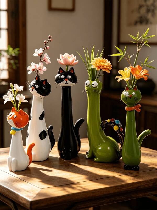 1pc Healing Cartoon Cat Shaped Resin Vase - Creative Cute Pet Vase, Decorative Ornament, Create A Fun Atmosphere For Living Room And Desk | Home Decor, Room Decor, Bohemian Style Decor, Desk Decor, Cute Collectible, Unique Gift, Desk Ornament, Housewarming Gift