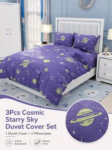 3pcs/Set INS Style Universe & Starry Sky Print Duvet Cover Set (1 Duvet Cover + 2 Pillowcases, Comforter Not Included), Soft & Breathable Planet & Constellation Pattern Bedding, Suitable For Bedroom And Guest Room, All Season - Multicolor - View 2