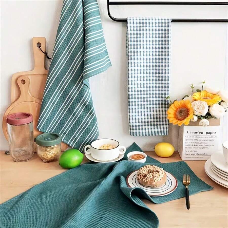Juego de 3/6 toallas de cocina suaves y absorbentes - Paños de cocina grandes y duraderos de tejido de gofre, de unicolor, a cuadros y a rayas, fáciles de limpiar y secar - Perfectos para cocinar, hornear y la hora del té - 45*65 cm - Ver 1