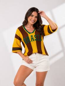 Women's Oversized Knit Blouse, Brazil Style, 3/4 Sleeve, V-Neck, Blogger Style, World Cup, Casual, Comfortable, Winter 2026 Fashion, Premium Look, Pointelle Knit, Vacation, Beach - Rỉ Nâu - Xem 2