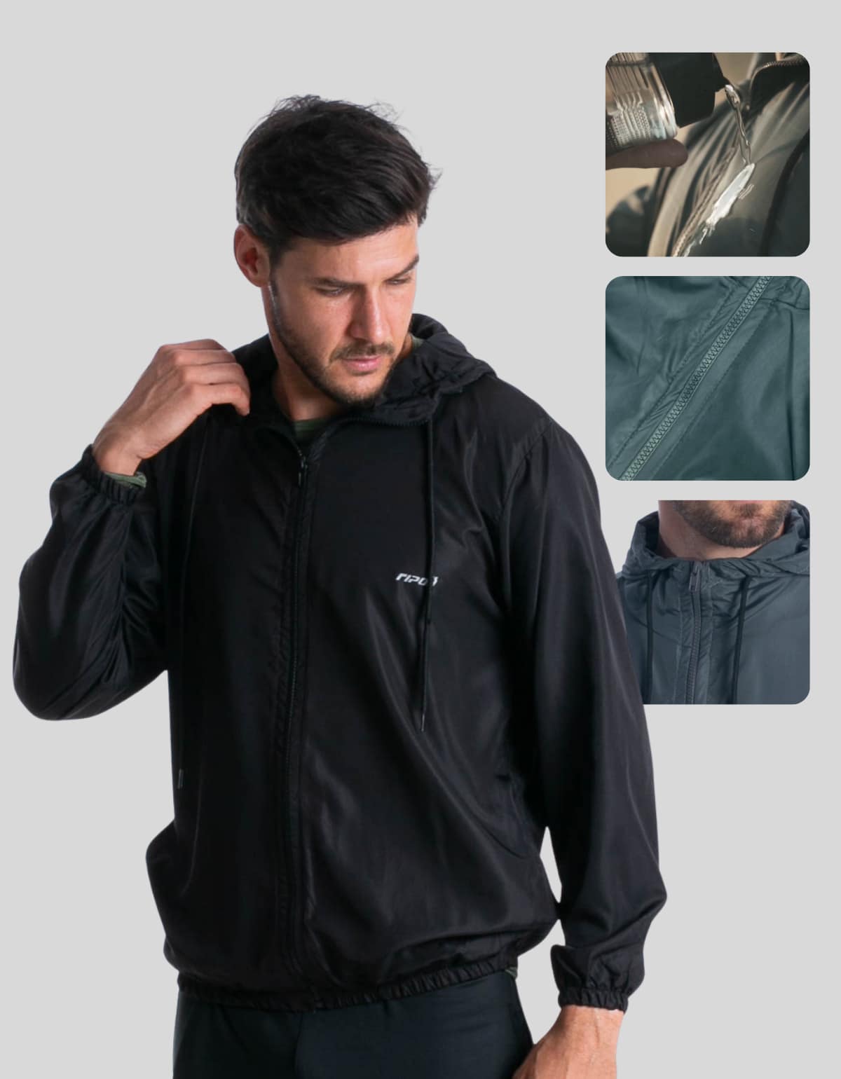 Men's Water Repellent Windbreaker Jacket With Hood And Pocket - Negro - Ver 1