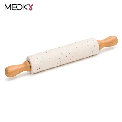 Cây cán bột silicon chống dính với tay cầm bằng gỗ, họa tiết rắc màu sắc bắt mắt, dụng cụ làm bánh nhà bếp dùng để cán bột fondant, bánh quy, bánh ngọt, pizza.