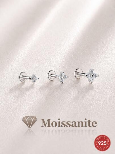 Bộ 3 khuyên tai labret bạc 925 hình hoa tinh tế đính đá Moissanite, kiểu dáng ren phẳng, không gây dị ứng, độ nhạy cảm thấp, phù hợp cho nữ và bé gái, lý tưởng để đeo hàng ngày, đi làm, hẹn hò, dự tiệc, đám cưới, kỷ niệm, Ngày Valentine, Ngày của Mẹ, quà sinh nhật.