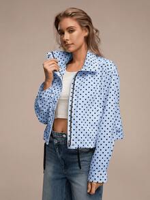 HZXVIC Women's New Contrast Color Polka Dot Casual Jacket, With Drawstring Zipper, Stand Collar, College Style, Spring Vacation - Blue - View 4