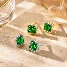 1 Đôi bông tai bạc 925 hình vuông đính đá Cubic Zirconia màu xanh lá cây, kiểu dáng tối giản, lấp lánh dành cho nữ. - Bạc - Xem 4