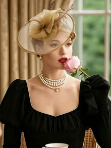 1pc Women's Vintage 20s 30s 50s Fascinator Hat, Charming Headpiece With Bow, Floral Veil, Suitable For Wedding, Tea Party,Summer,Beach - Khaki - View 5