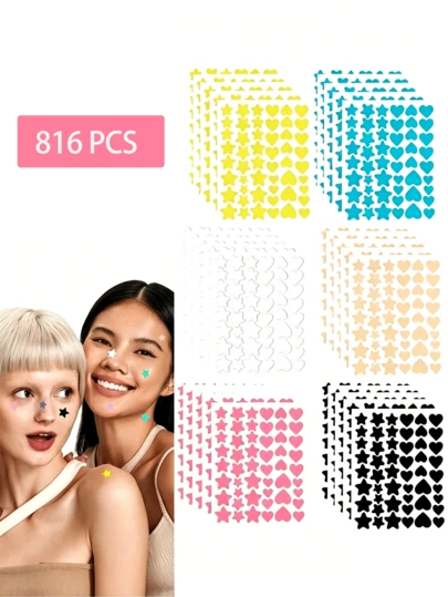 408/816pcs Star & Heart Shaped Hydrocolloid Acne Pimple Patches, Multi-Color Star Acne Stickers, Face Decorative Stickers, Cover Blemishes, Party Decorations, Festival Stickers, Essential For Photography & Face Painting, Suitable For Parties, Gatherings, Gifts, Travel, Small Items, Summer Travel Essentials