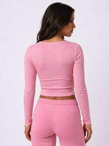Women's Ribbed Slim Fit Crop Top, Long Sleeve Scoop Neck Bodycon Casual Top - Pink - View 2