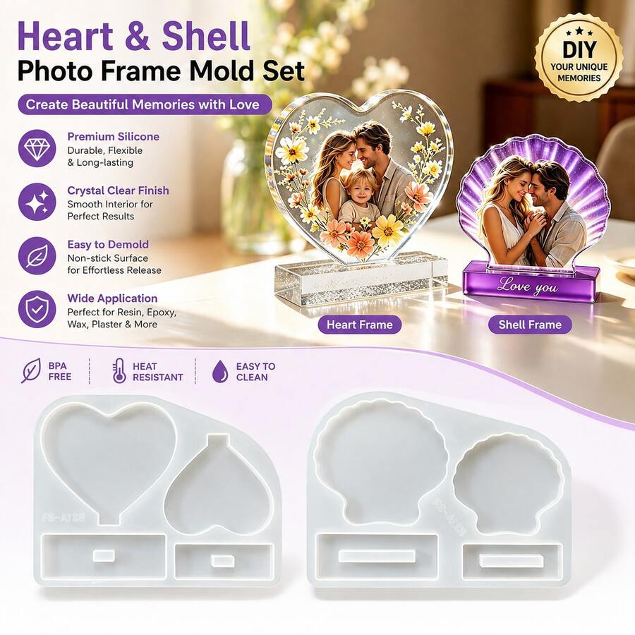 DIY Crystal Epoxy Resin Mold, Heart-Shaped Shell Photo Frame Silicone Mold With Base, For Making Souvenir Photo Decorations, Home Decor Gifts