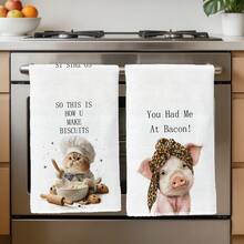 2pcs Cute Cooking Cat & Pig Pattern Kitchen Towels, Soft Polyester Dish Cloths, Suitable For Kitchen Decor, Cleaning, Holiday Party Decoration, Kitchen & Bathroom Essentials, Home Decor, Housewarming Gift - Multicolor - View 5