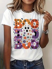 Adorable fantasma-tema floral de Halloween tee gráfica, cuello de la tripulación de manga corta top casual perfecto para la primavera y el verano, ropa de mujer - Blanco - Ver 2