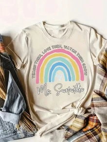 Women's Reading Rainbow Graphic Tee With Book Design Tee, Soft, Heavyweight, Fitted Fit, Print, Graphic, Design, Book, Rainbow Print, For Casual - 杏色-3 - 查看 12