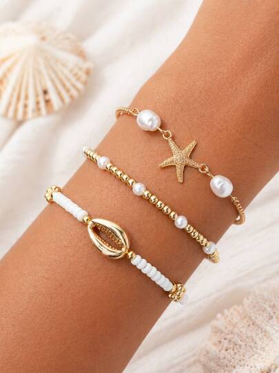 3pcs Bohemian Seed Bead Stacked Bracelet Set Starfish Shell Embellishment Bracelets Elegant Women's Summer Beach Party Jewelry Gifts
