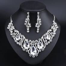 Luxury Red Rhinestone Jewelry Set, Gold Plated Teardrop Crystal Necklace & Earrings, Bold Statement Accessory For Evening & Bridal Events - 2 Piece Set - View 7