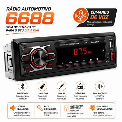 Som Automotivo 6688 Design Moderno, Prático e Compacto com Bluetooth e USB