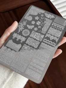 1件超大号优雅法式蕾丝美甲印花板，复古花卉蝴蝶图案，钢制美甲印章转印工具，性感网格皇冠蕾丝，适合女性DIY婚礼美甲装饰 - 彩色 - 查看 7