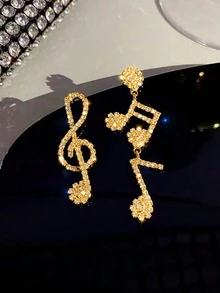 1对创意音符造型吊坠耳环，独特闪亮水钻装饰耳环 - 鍍金色 - 查看 4