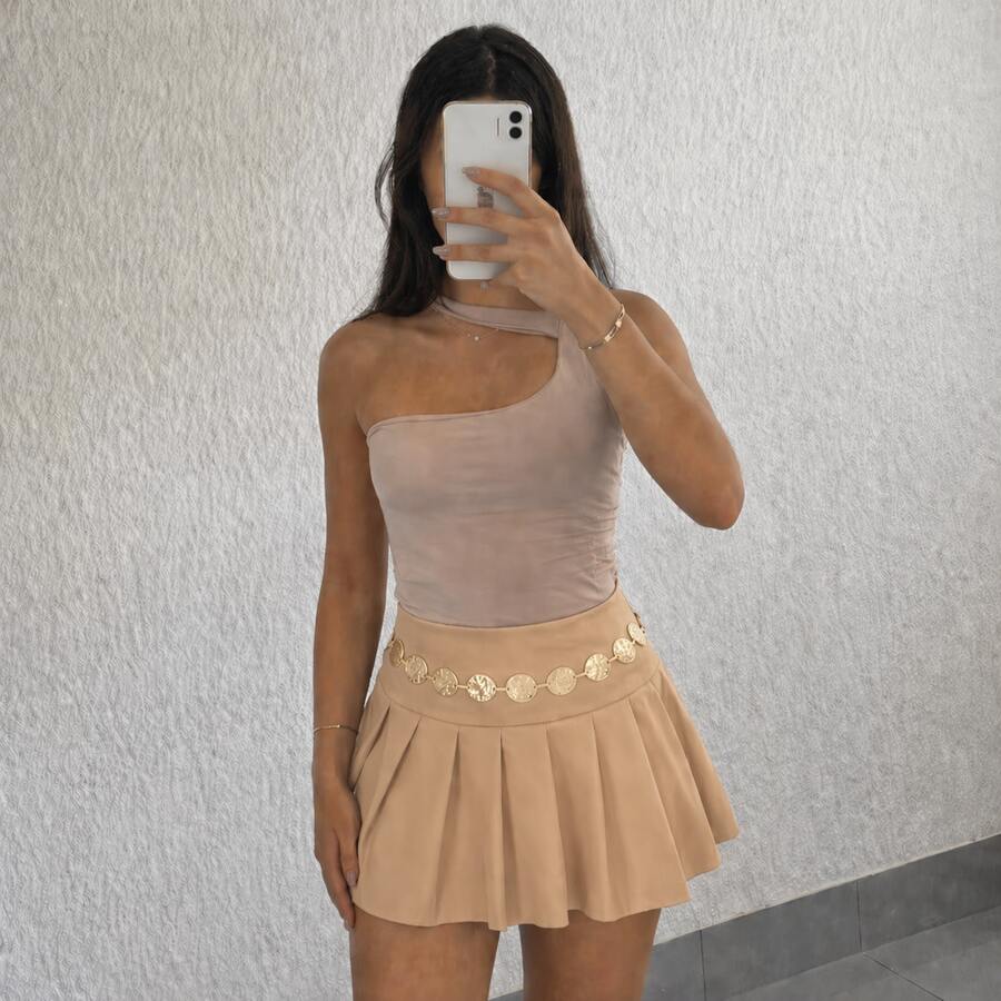 Women's Tailored High-Waisted Short Skirt With Lining And Side Zipper - Stylish Flared Skirt For São João Festivities And Special Occasions. - 淺褐色的 - 查看 1