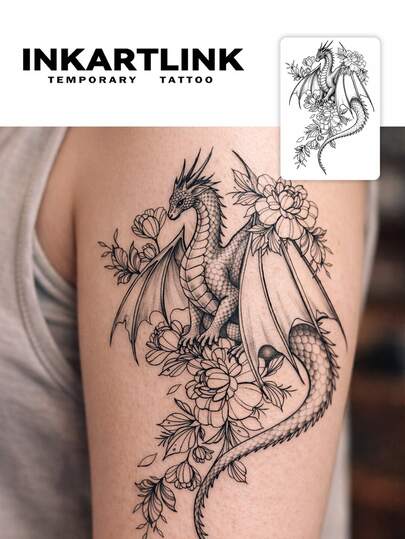  INKARTLINK 2 miếng hình xăm tạm thời trang trí hình rồng bay và hoa, hình xăm nghệ thuật cơ thể chống thấm nước, bền lâu 1-2 tuần, hình xăm nước ép trái cây, phù hợp cho cả nam và nữ, vật dụng không thể thiếu cho các buổi tiệc tùng.
