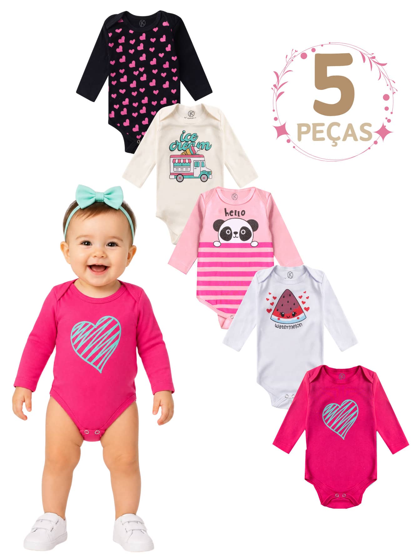 Baby Bodysuit 5 Pieces Unisex Girl Or Boy WINTER SEPARATE SEPARATE BODYSUIT Newborn Layette - 2510 - FEMININE - 羅莎 - 查看 1