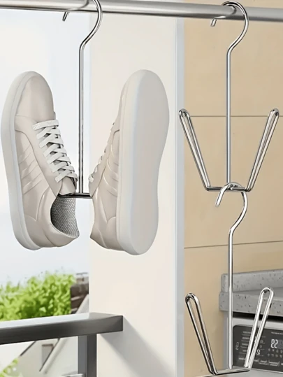 3 piezas Estante de zapatos en forma de U de acero inoxidable, estante de zapatos a prueba de viento para balcón/alféizar de ventana sin taladrar, estante de zapatos multifunción de varilla única para jóvenes y ancianos, caja de almacenamiento de zapatos colgante