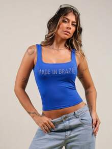 Women's Square Neck Tank Top With Wide Straps And Rhinestone Print "Made In Brazil" | Premium Polyamide - Azul - Ver 1