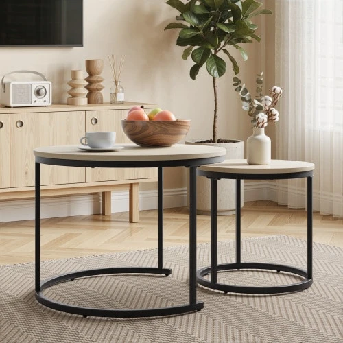 Two-Piece, Nesting Coffee Table Set, Oak Veneer, Round Coffee Table With A Diameter Of 60 Cm, Metal Frame, Modern Style, Suitable For Living Room, Bedroom, Balcony. - Khaki - View 1