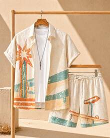 Men's Retro Desert Geometric Print 2 Piece Outfit, Summer Casual Button Down Shirt And Shorts Set, Lightweight Beach Vacation Suits For Men - A - 查看 10