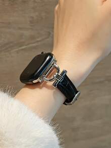 Fashion Brand D Letter Metal Decor Soft Leather Watch Band Strap Fit For Apple Watch 46mm 38mm 40mm 41mm 42mm 44mm 45mm 49mm, Elegant Ladies Pearl Color Leather Replacement Band Strap Fit For Apple Watch Series 11 10 9 8 7 6 5 SE Ultra 2, Fashionable Accessory Gift For Christmas And Valentine's Day - Black - View 6
