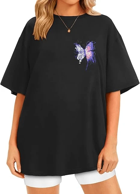 Womens Oversized T Shirts Loose Fit Graphic Tees With Abstract Watercolor Butterfly Print Summer Casual Short Sleeve Tops 2026 - Black - View 1
