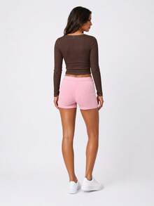 Women's Ribbed Slim Fit Crop Top, Long Sleeve Scoop Neck Bodycon Casual Top - Coffee Brown - View 2