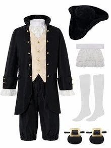 6pcs/Set Children's Franklin Costume Washington Costume Cosplay 18th Century Colonial Costume Party Dress-Up Set - Black - View 4